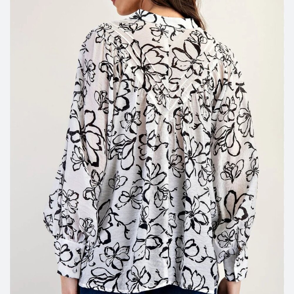 Maison Garrison Blouse White & Black Bubble Sleeve Top 100% Rayon Size XXL